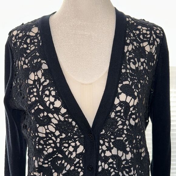 LOFT M Navy Blue Lace Crochet Button Front Knit Cardigan - Picture 3 of 12